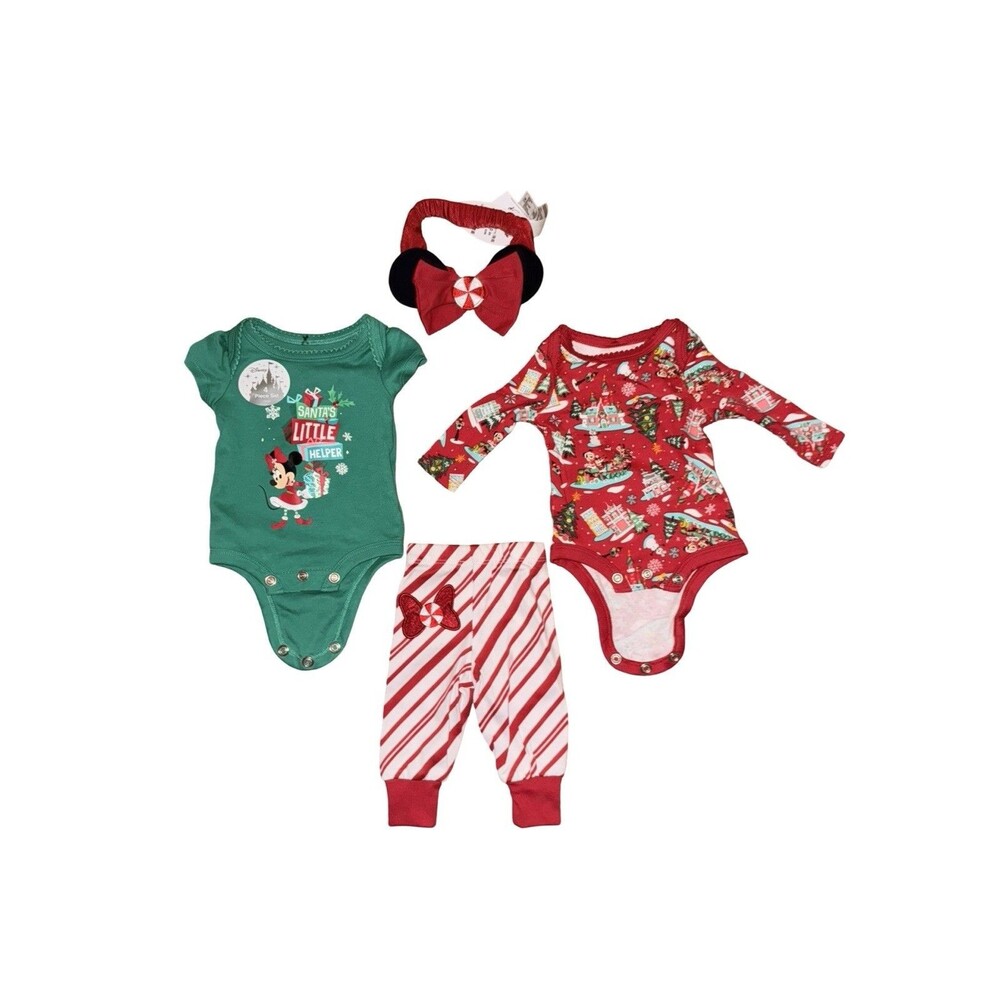 Disney Parks Christmas Baby Outfit Set Minnie Mouse Bow Bodysuit Pants 3 Months